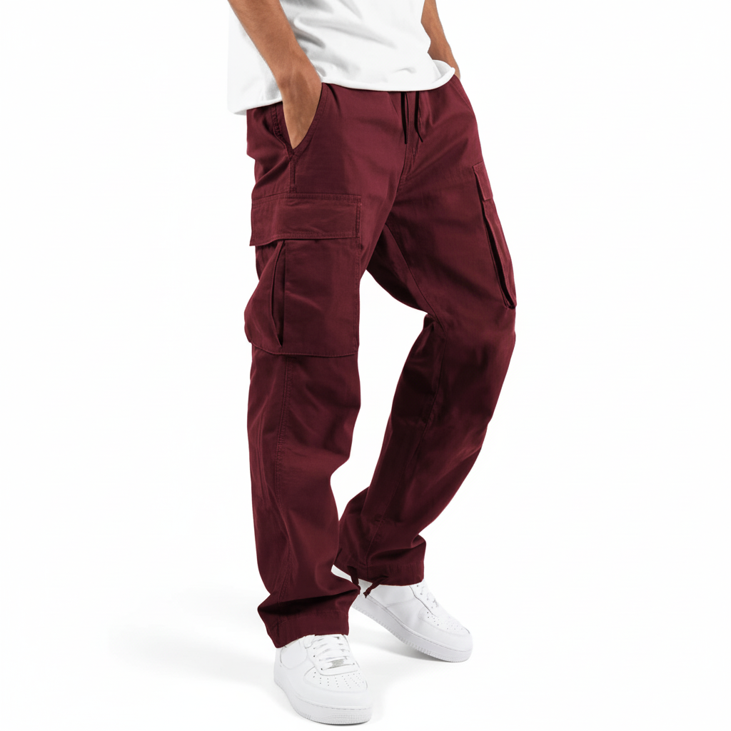 Men's Loose Fit Cotton Cargo Joggers with Drawstring Waist – Wine Red