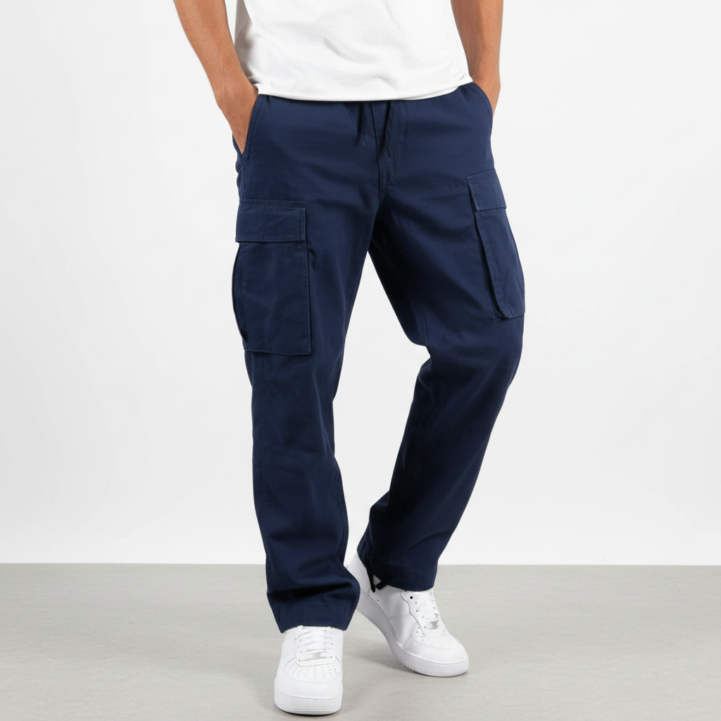 Men's Loose Fit Cotton Cargo Joggers with Drawstring Waist – Dark Blue