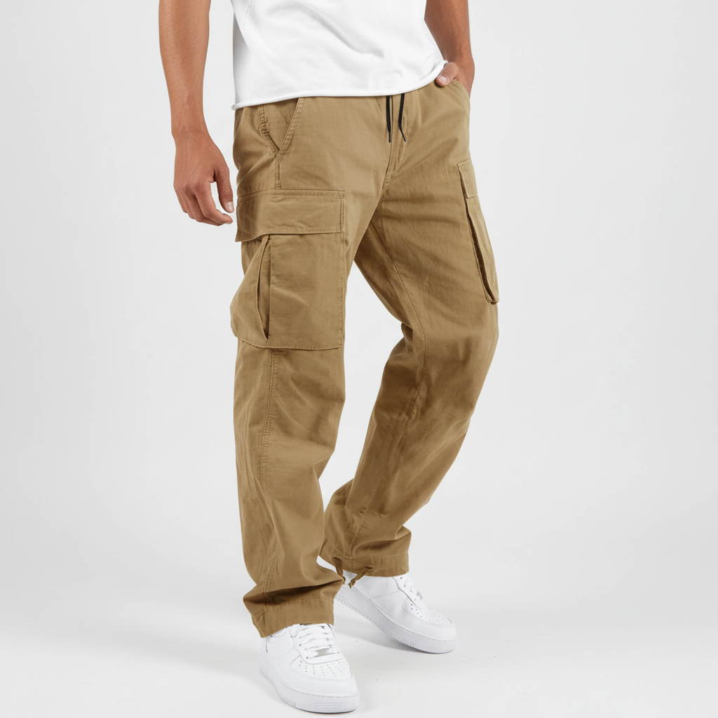 Men's Loose Fit Cotton Cargo Joggers with Drawstring Waist – Khaki