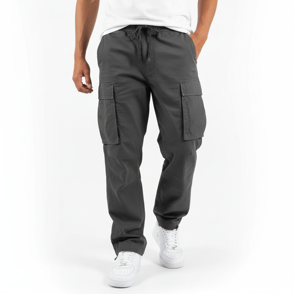 Men's Loose Fit Cotton Cargo Joggers with Drawstring Waist – Dark Grey
