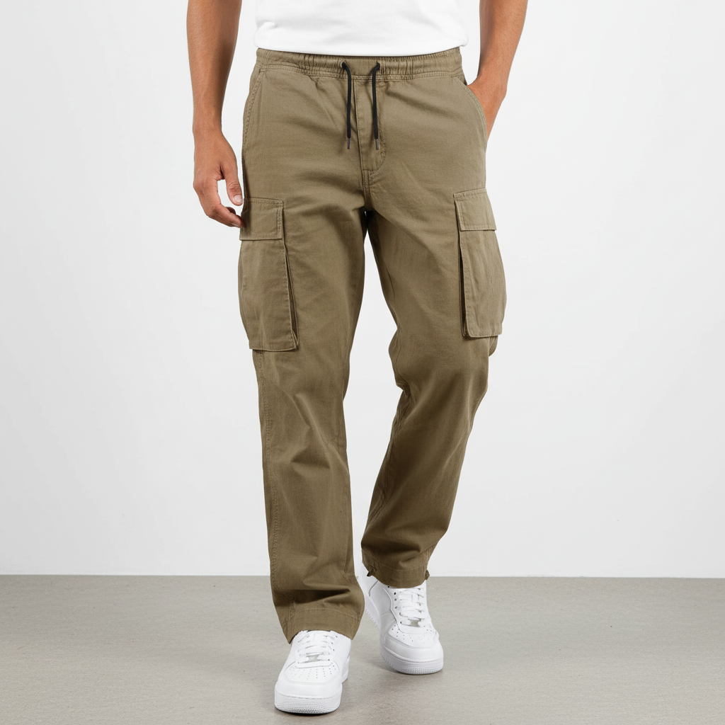 Men's Loose Fit Cotton Cargo Joggers with Drawstring Waist – Olive Green