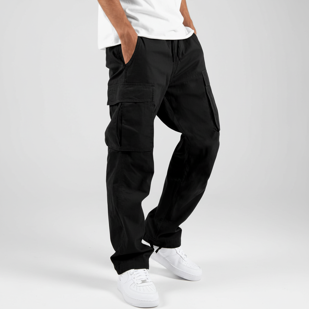Men's Loose Fit Cotton Cargo Joggers with Drawstring Waist – Black