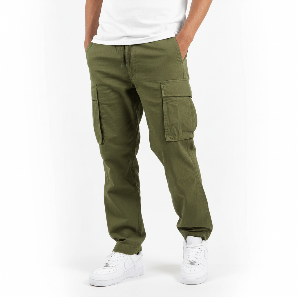 Men's Loose Fit Cotton Cargo Joggers with Drawstring Waist – Army Green