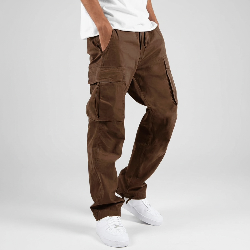 Men's Loose Fit Cotton Cargo Joggers with Drawstring Waist – Dark Brown
