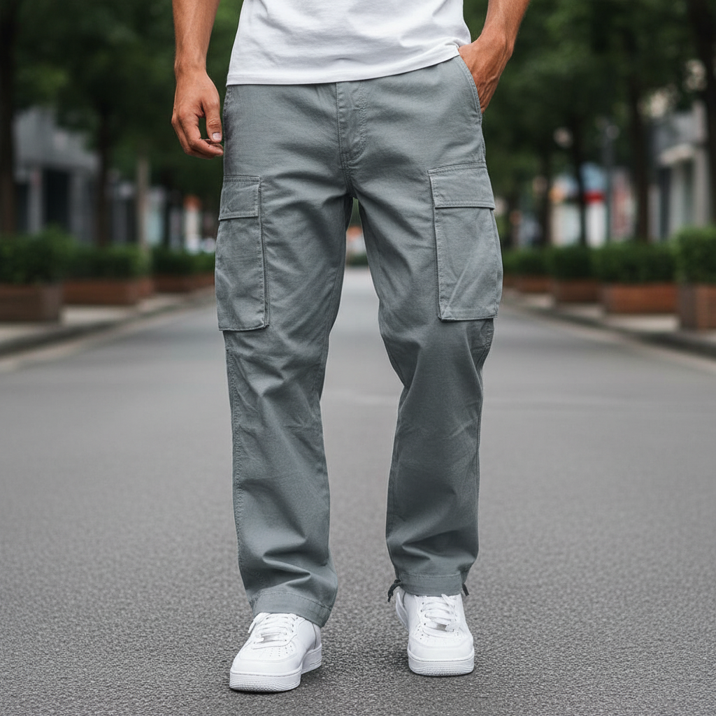 Men's Tapered Cotton Cargo Trousers with Relaxed Streetwear Fit