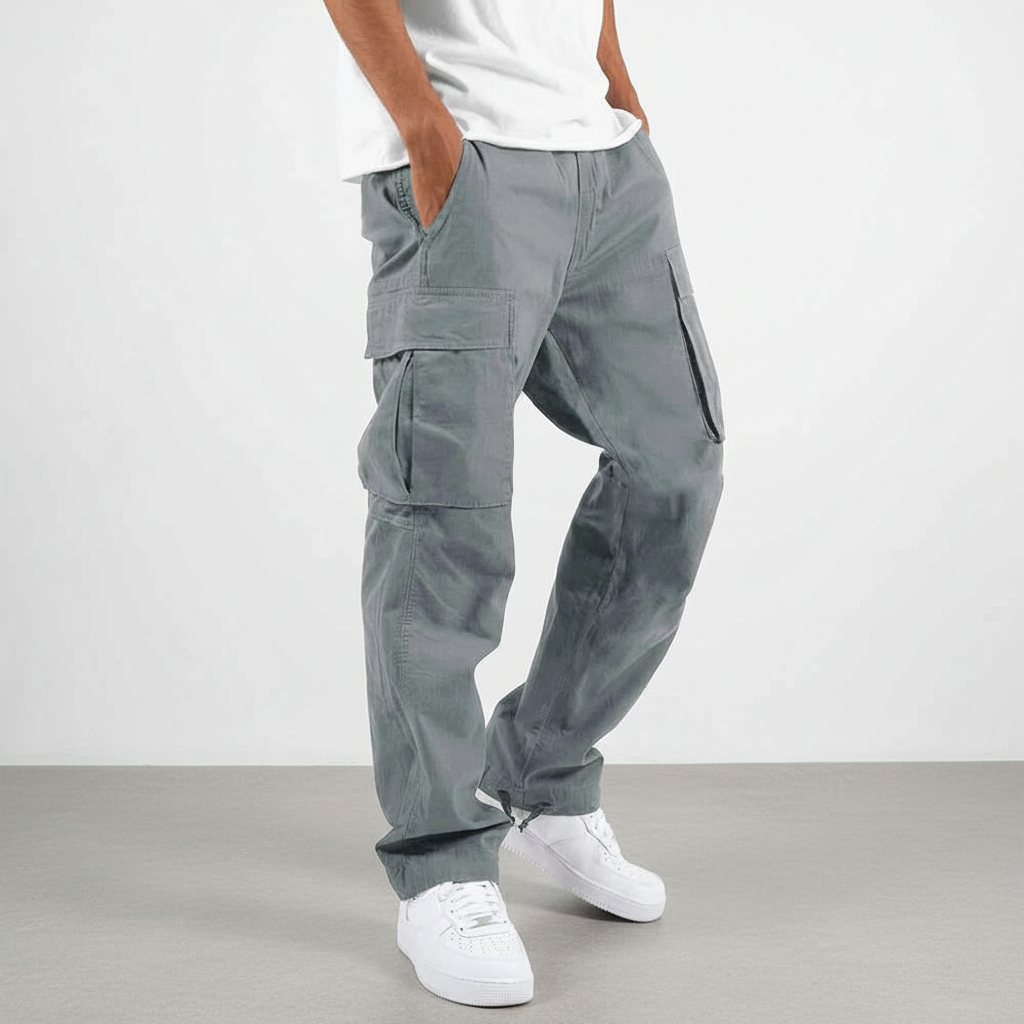 Men's Tapered Cotton Cargo Trousers with Relaxed Streetwear Fit – Grey