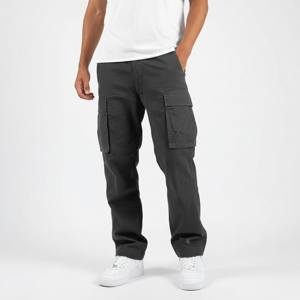 Men's Tapered Cotton Cargo Trousers with Relaxed Streetwear Fit – Black