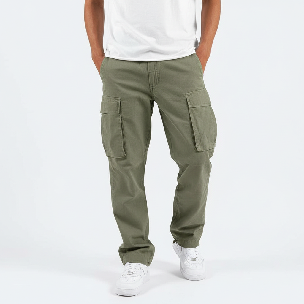 Men's Tapered Cotton Cargo Trousers with Relaxed Streetwear Fit – Olive Green