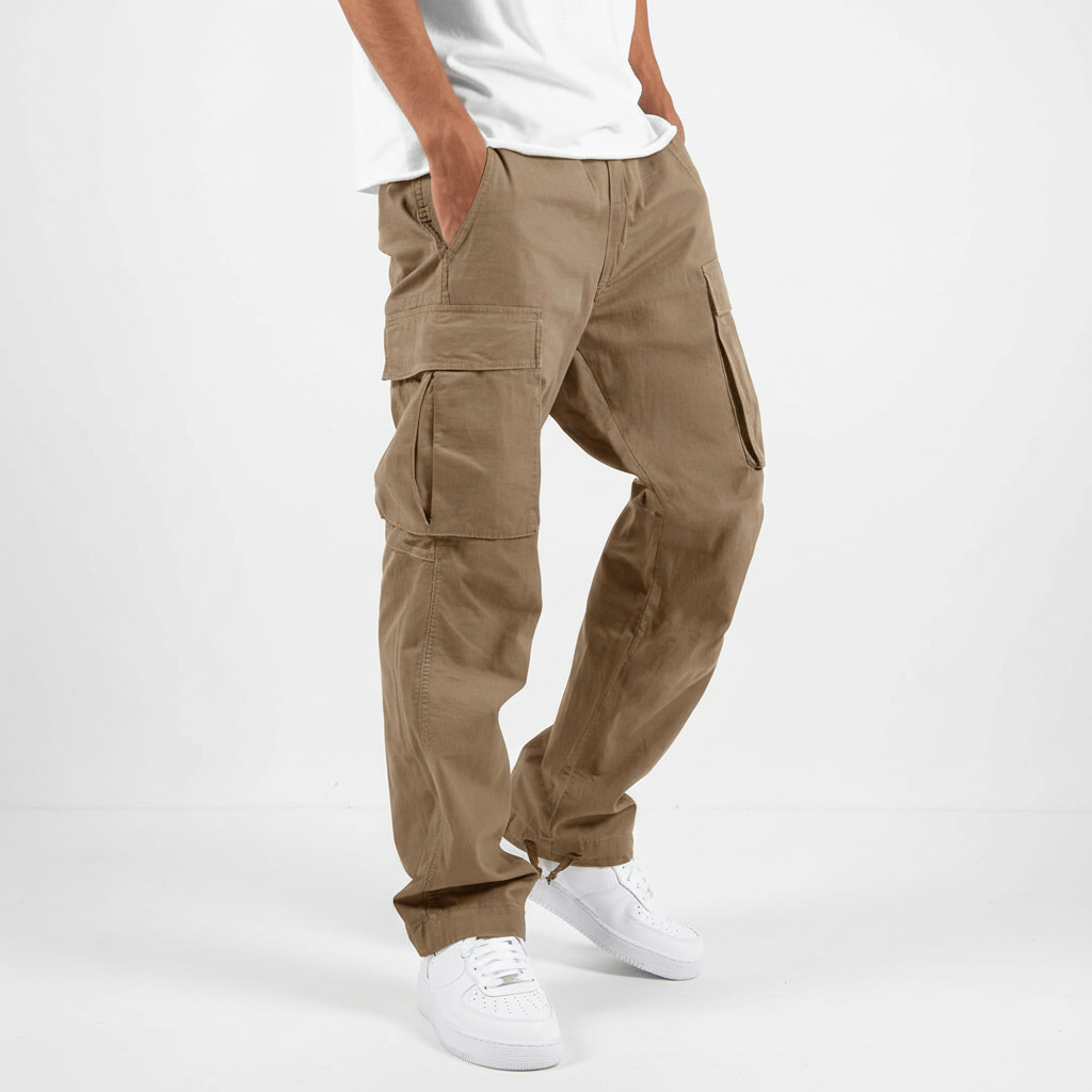 Men's Tapered Cotton Cargo Trousers with Relaxed Streetwear Fit – Khaki
