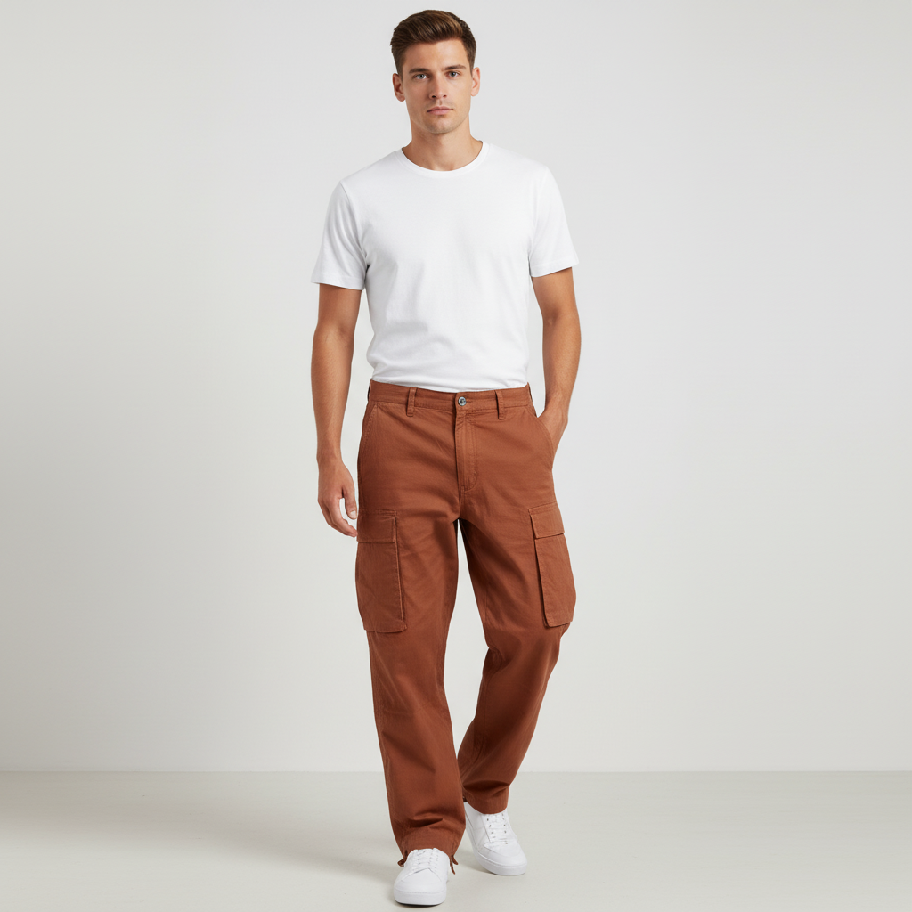 Men's Tapered Cotton Cargo Trousers with Relaxed Streetwear Fit – Brown