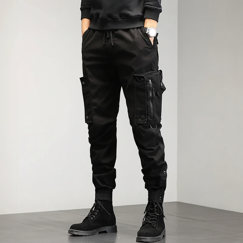 Men's Stretch Utility Cargo Joggers with Slim Tapered Fit – Black