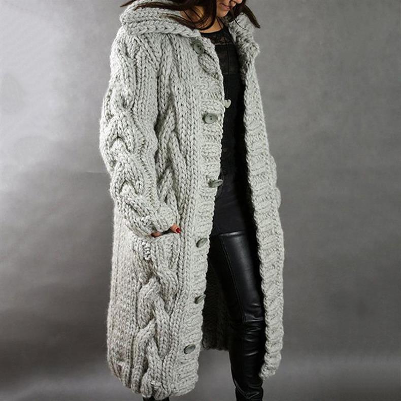 Women's Hooded Cable-Knit Longline Coat Buttoned Side Pockets – Grey