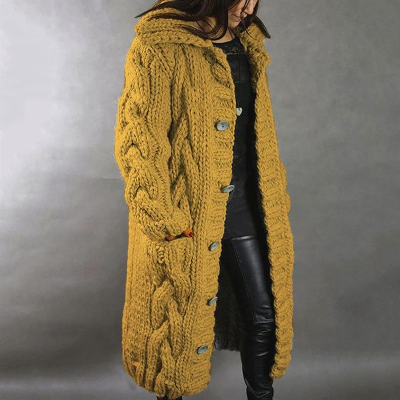 Women's Hooded Cable-Knit Longline Coat Buttoned Side Pockets – Yellow