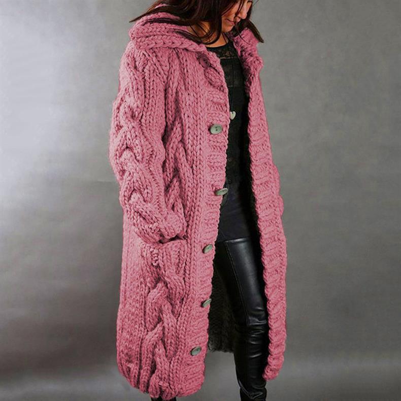 Women's Hooded Cable-Knit Longline Coat Buttoned Side Pockets – Pink