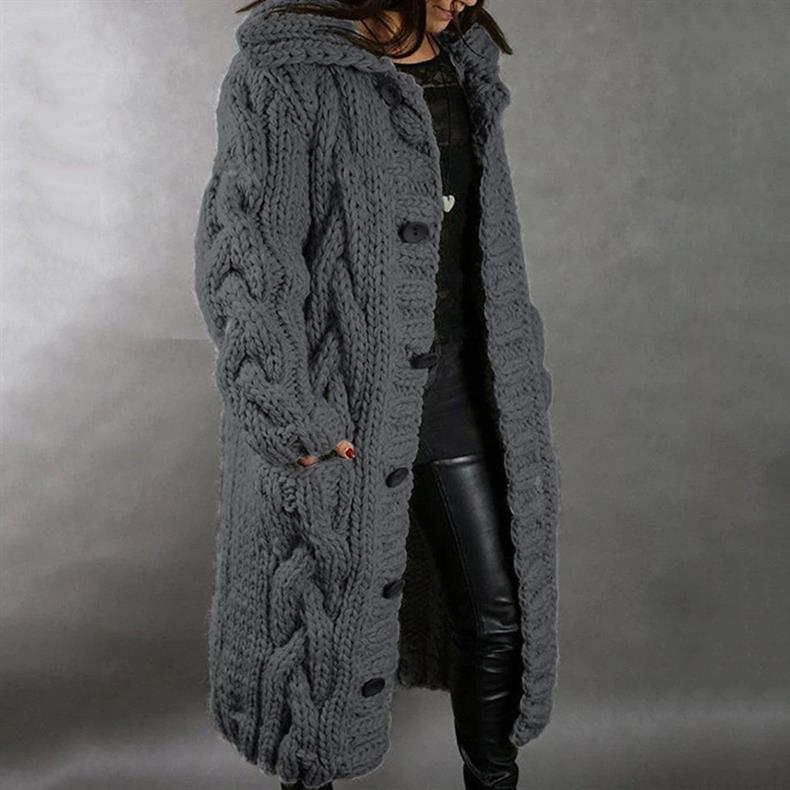 Women's Hooded Cable-Knit Longline Coat Buttoned Side Pockets – Dark Grey