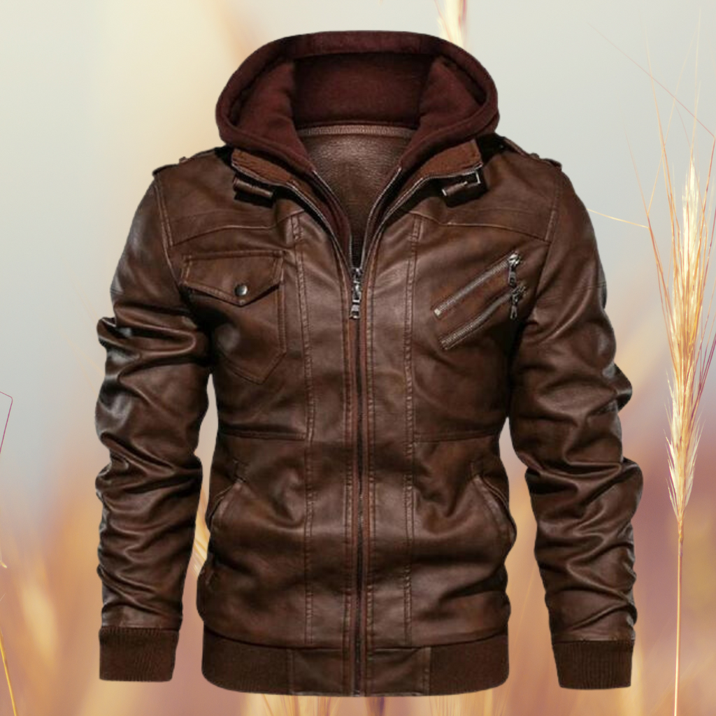 Men's Faux Leather Biker Jacket with Tailored Fit – Brown
