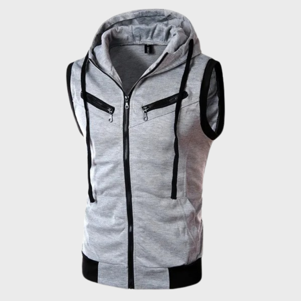 Men's Contrast Trim Zip Gilet with Removable Hood - Light Grey
