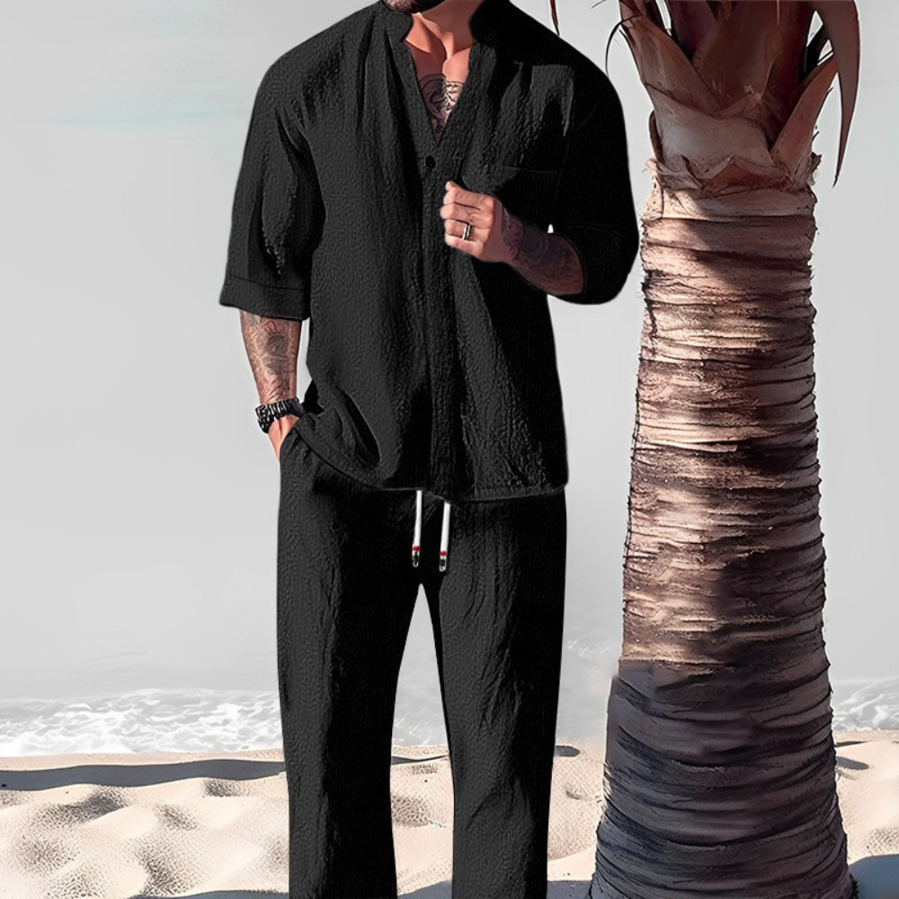 Men's Lightweight Linen Co-ord with Shirt and Loose Trousers – Black