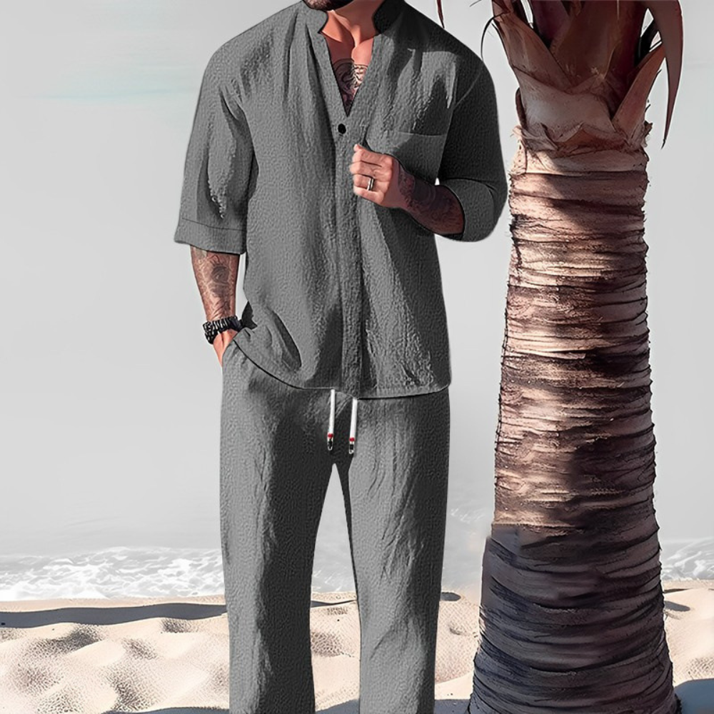 Men's Lightweight Linen Co-ord with Shirt and Loose Trousers – Grey