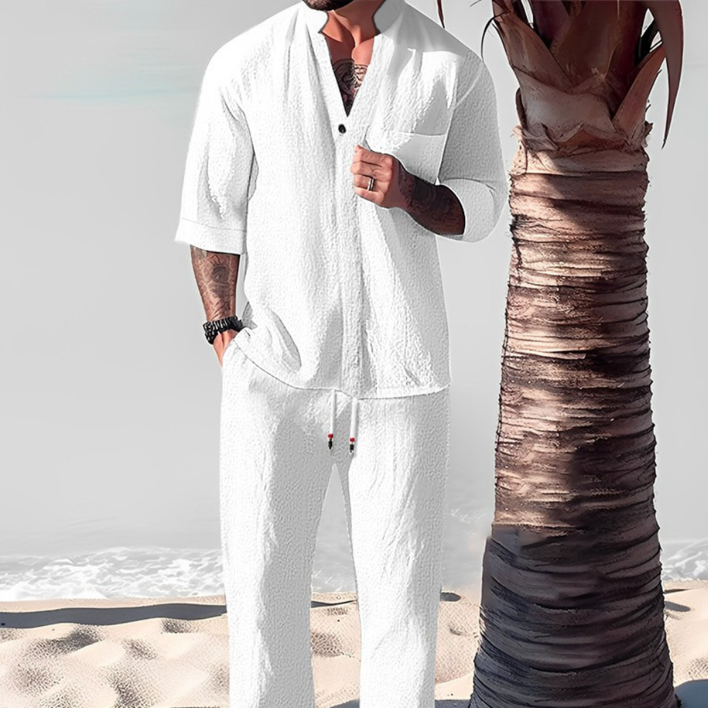 Men's Lightweight Linen Co-ord with Shirt and Loose Trousers – White