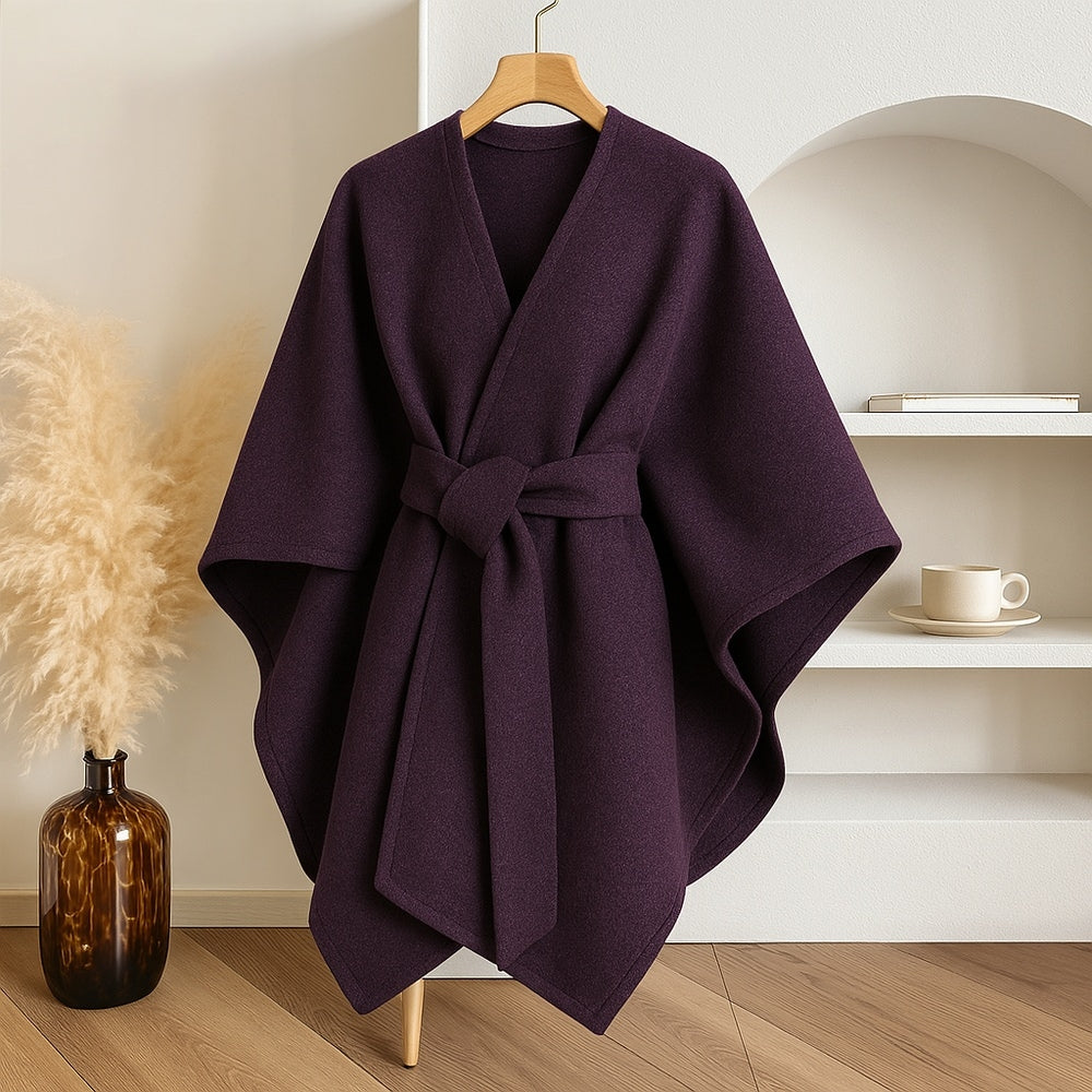 Women's Windproof Poncho Coat Draped Sides Belted Waist – Dark Purple
