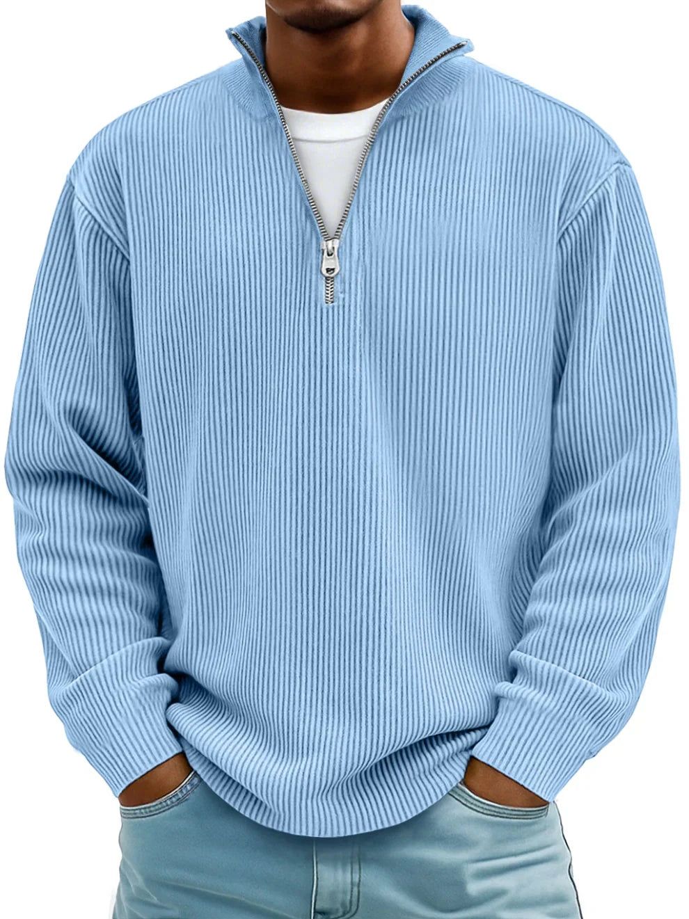 Men's Oversized Half-Zip Ribbed Sweat Top – Light Blue