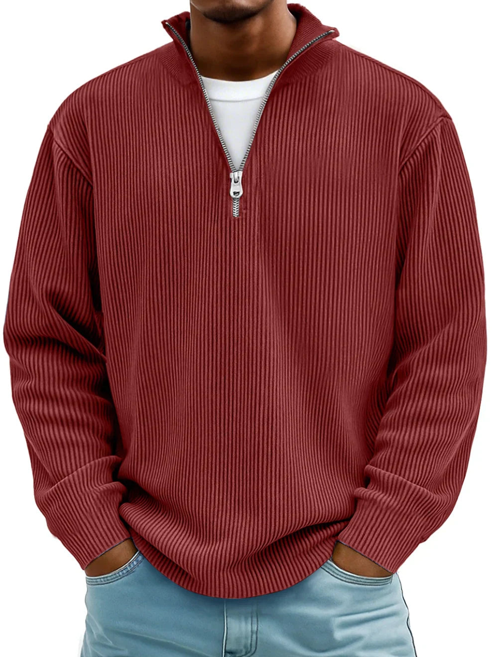 Men's Oversized Half-Zip Ribbed Sweat Top – Red