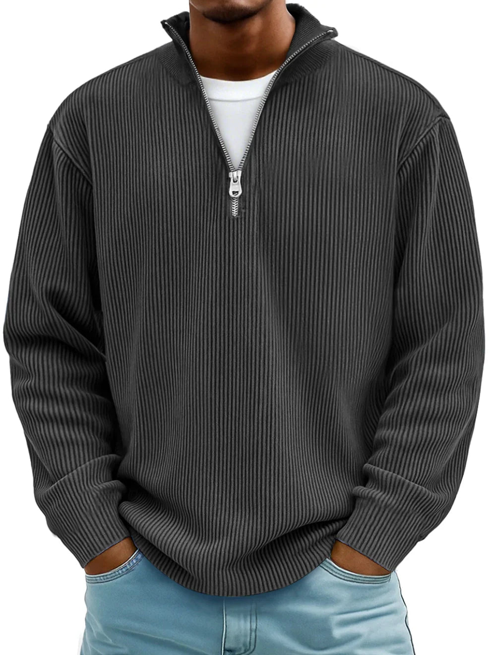 Men's Oversized Half-Zip Ribbed Sweat Top – Black