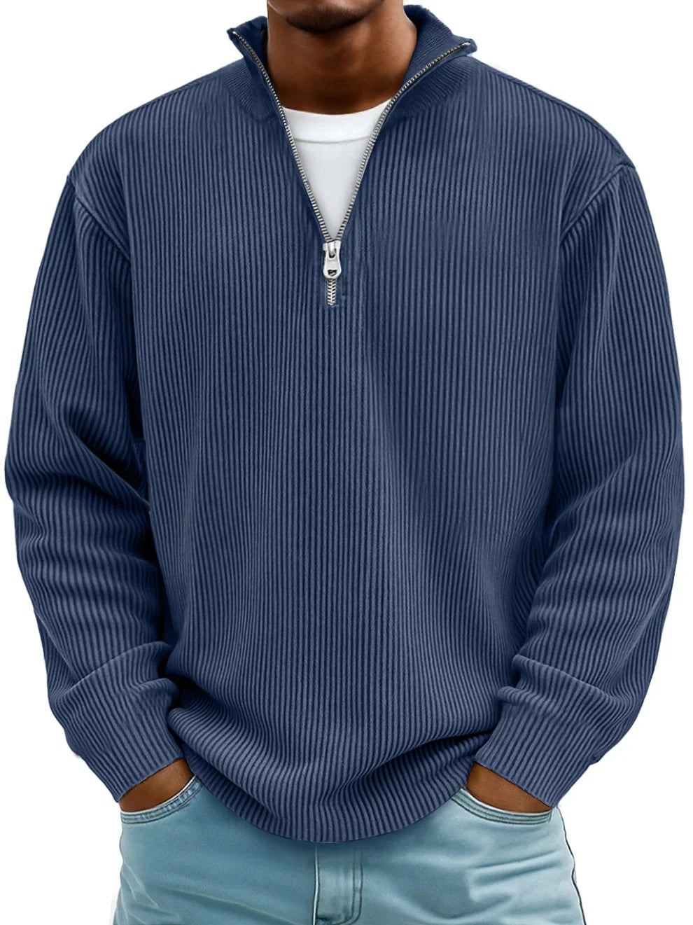 Men's Oversized Half-Zip Ribbed Sweat Top – Navy Blue