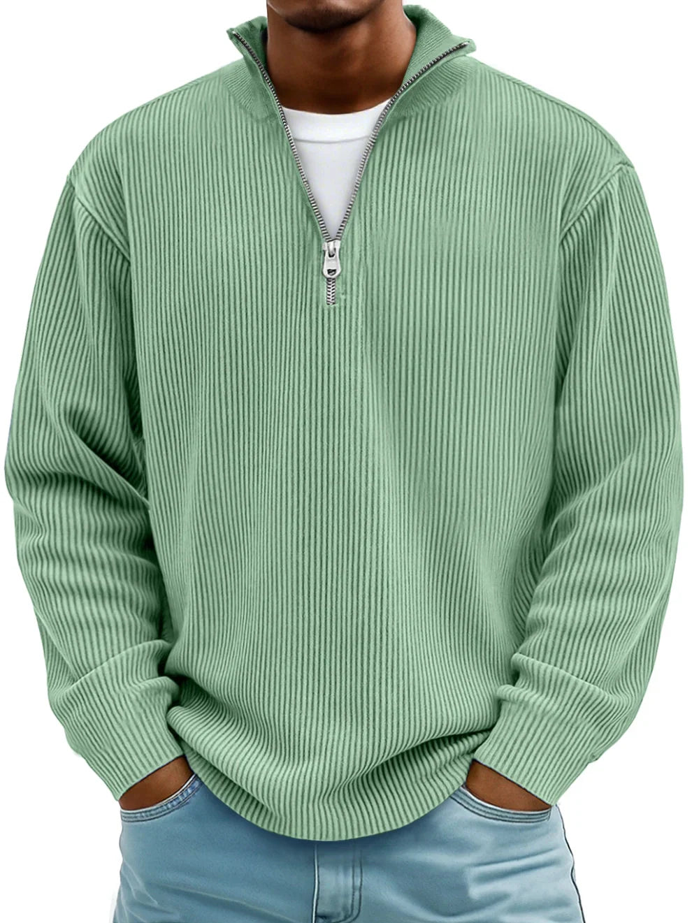 Men's Oversized Half-Zip Ribbed Sweat Top – Light Green