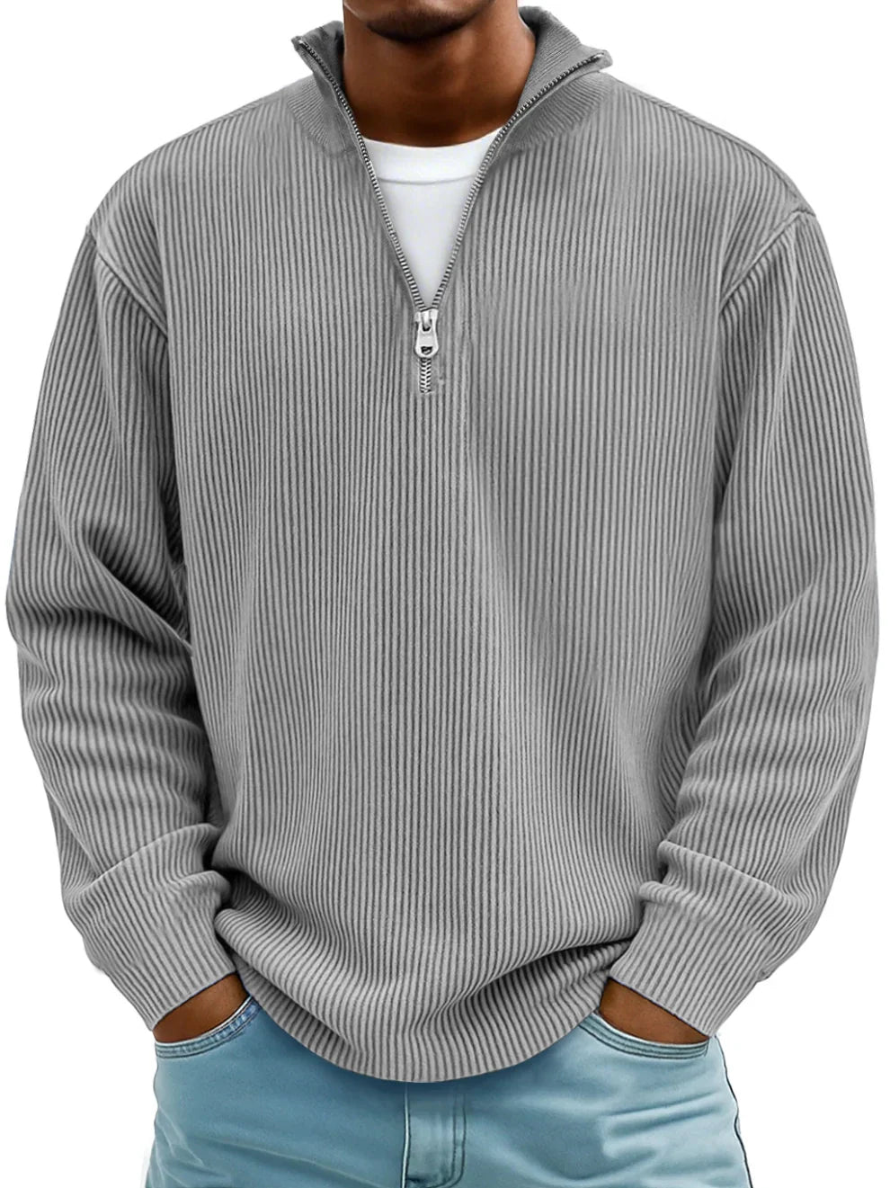Men's Oversized Half-Zip Ribbed Sweat Top – Grey