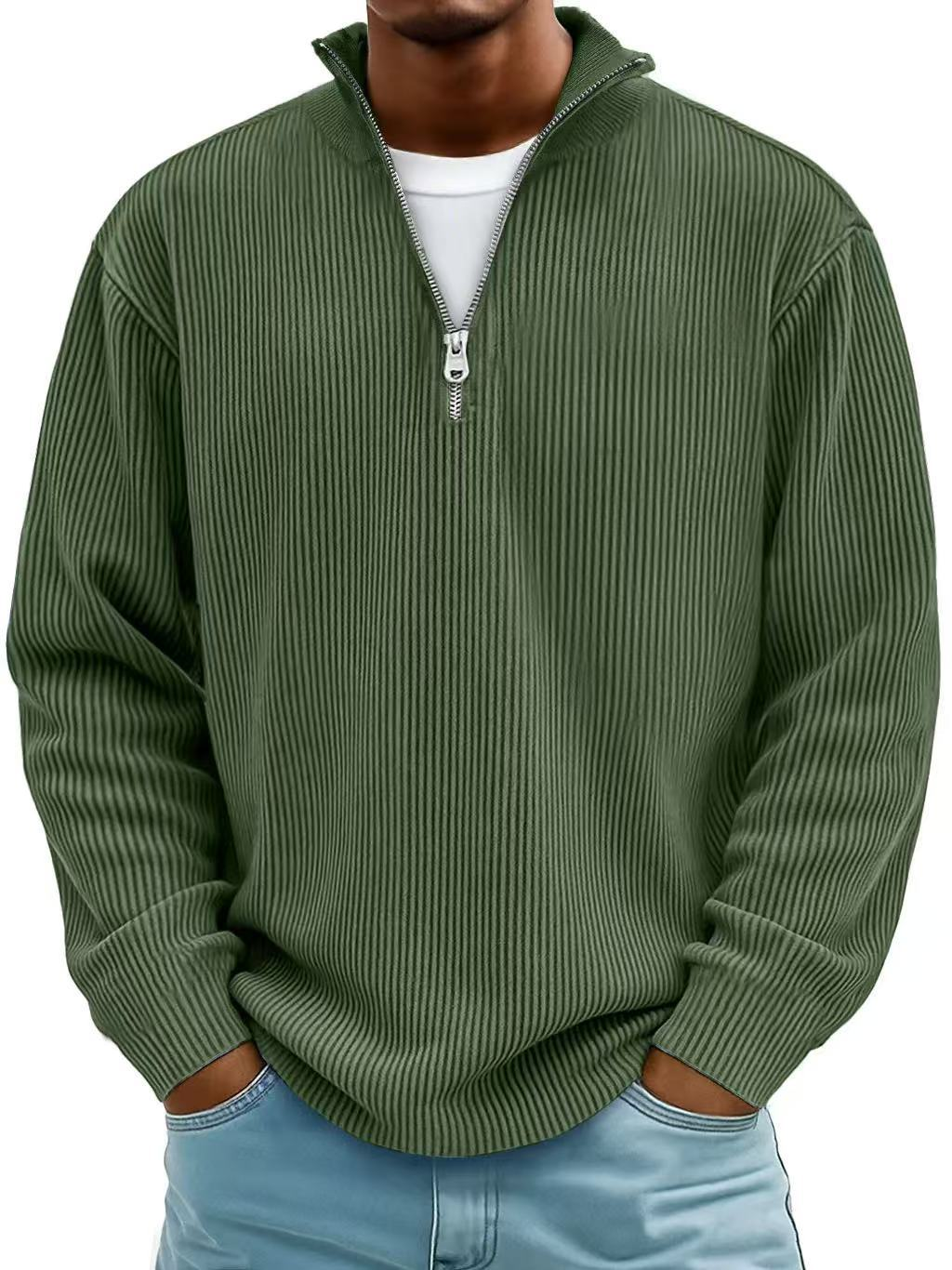 Men's Oversized Half-Zip Ribbed Sweat Top – Dark Green