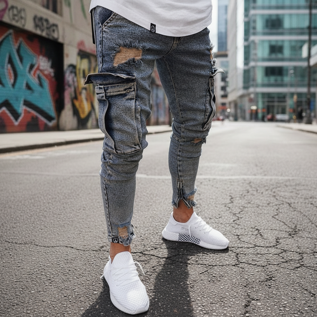 Men's Tapered Denim Cargo Trousers with Thigh Pockets