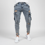 Men's Tapered Denim Cargo Trousers with Thigh Pockets