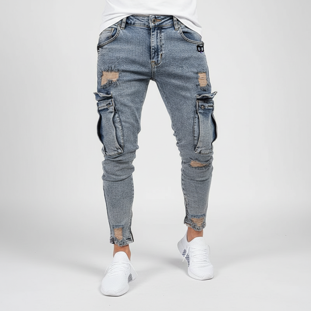 Men's Tapered Denim Cargo Trousers with Thigh Pockets