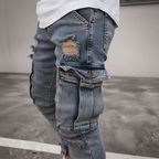 Men's Tapered Denim Cargo Trousers with Thigh Pockets