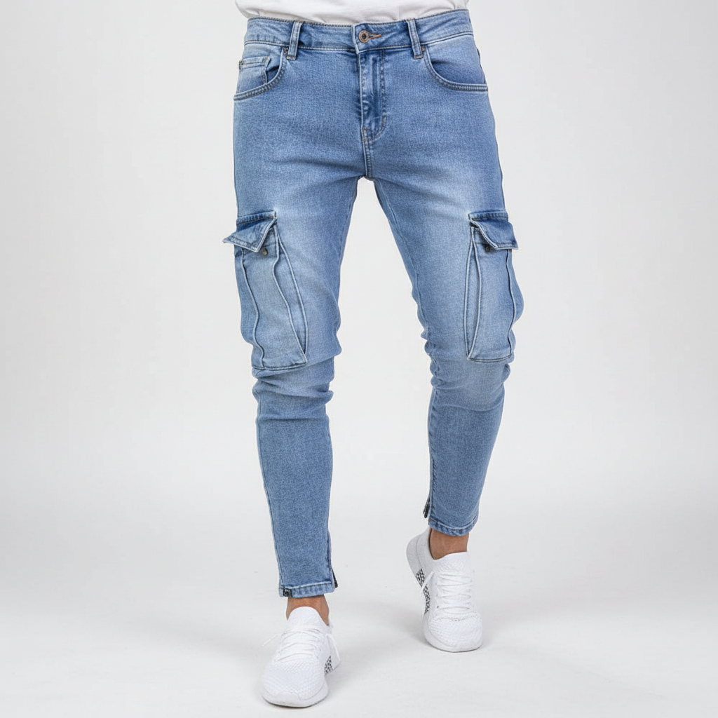 Men's Tapered Denim Cargo Trousers with Thigh Pockets