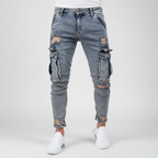 Men's Tapered Denim Cargo Trousers with Thigh Pockets