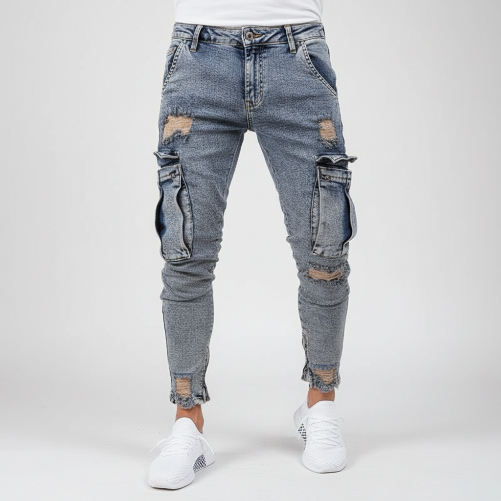 Men's Tapered Denim Cargo Trousers with Thigh Pockets