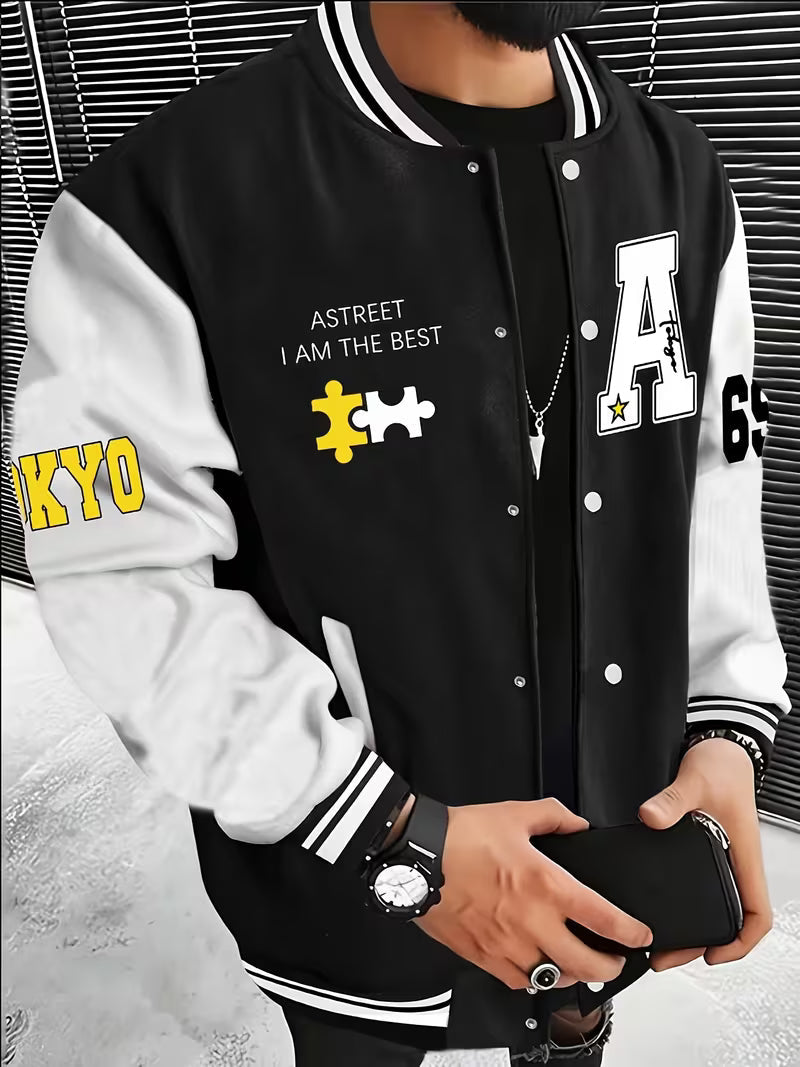 Men's Panelled Baseball Collar Jacket with Side Pockets – Black