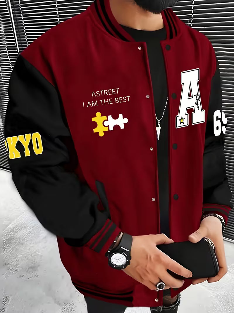 Men's Panelled Baseball Collar Jacket with Side Pockets – Red