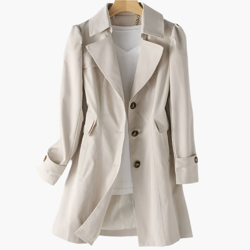 Women's Single-Breasted Longline Trench Coat with Notched Lapels – Beige