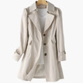 Women's Single-Breasted Longline Trench Coat with Notched Lapels – Beige