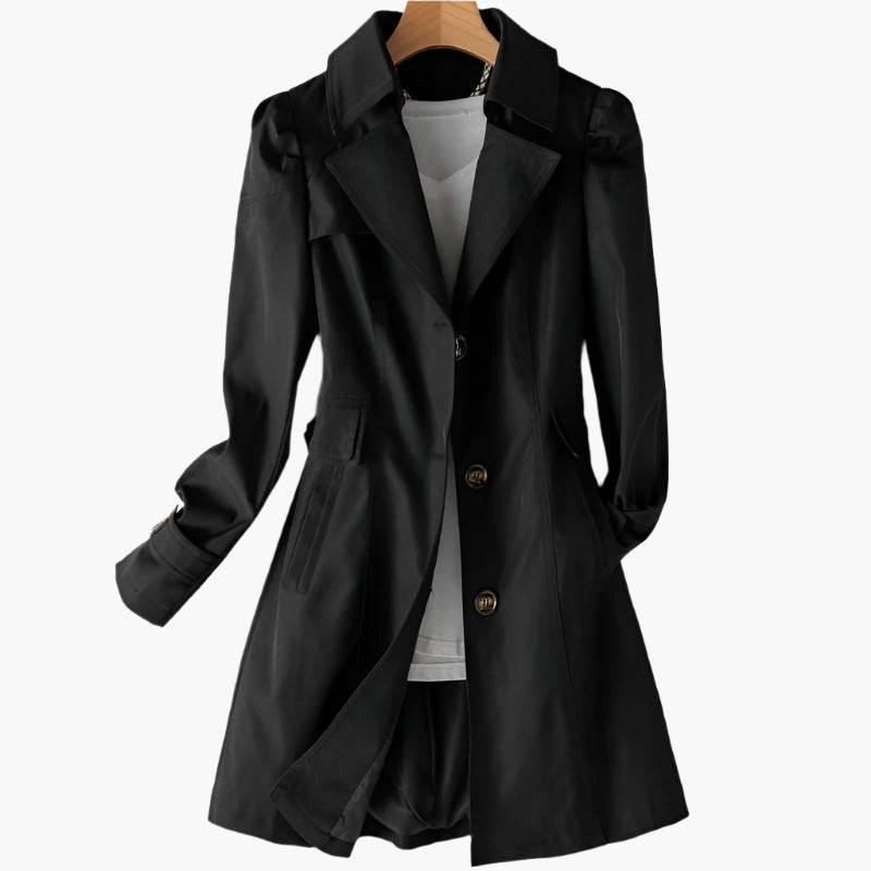 Women's Single-Breasted Longline Trench Coat with Notched Lapels – Black
