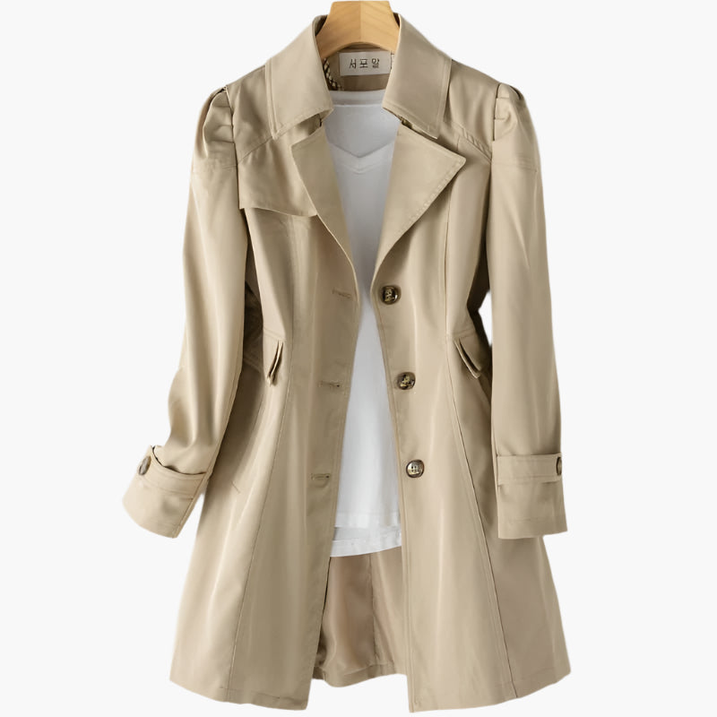 Women's Single-Breasted Longline Trench Coat with Notched Lapels – Khaki