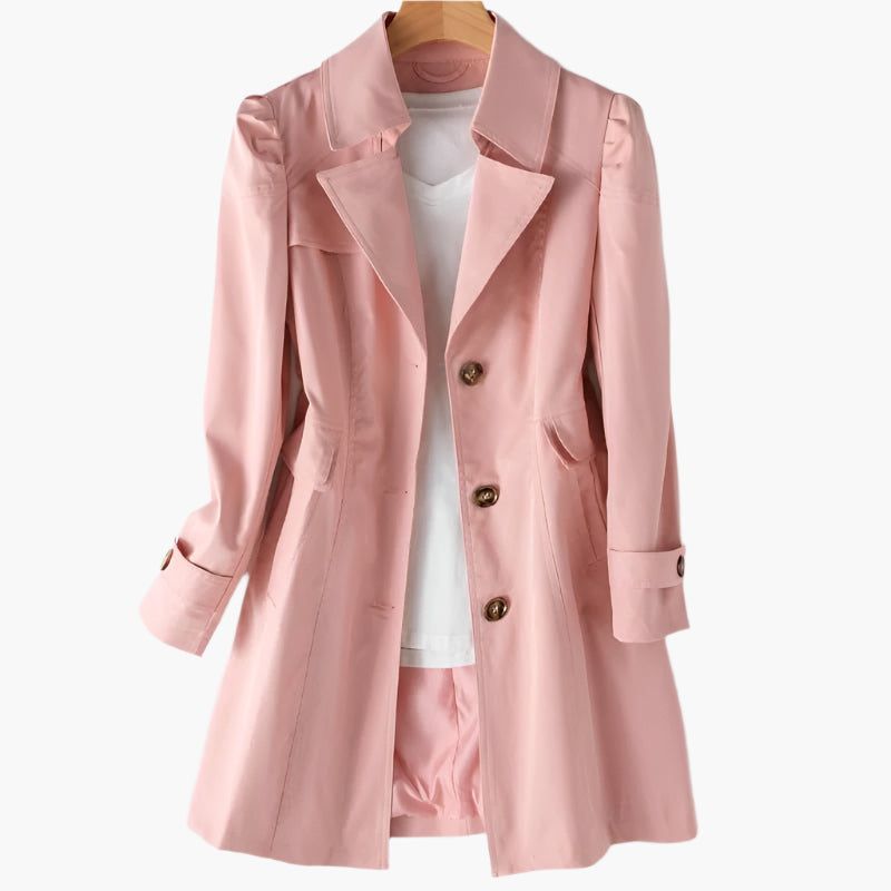 Women's Single-Breasted Longline Trench Coat with Notched Lapels – Pink
