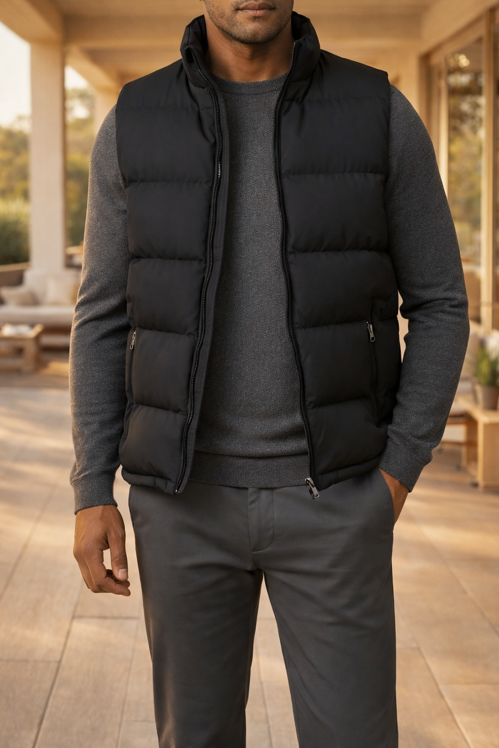 Men's Panelled Quilted Gilet Zip Front Sleeveless Warmth – Black