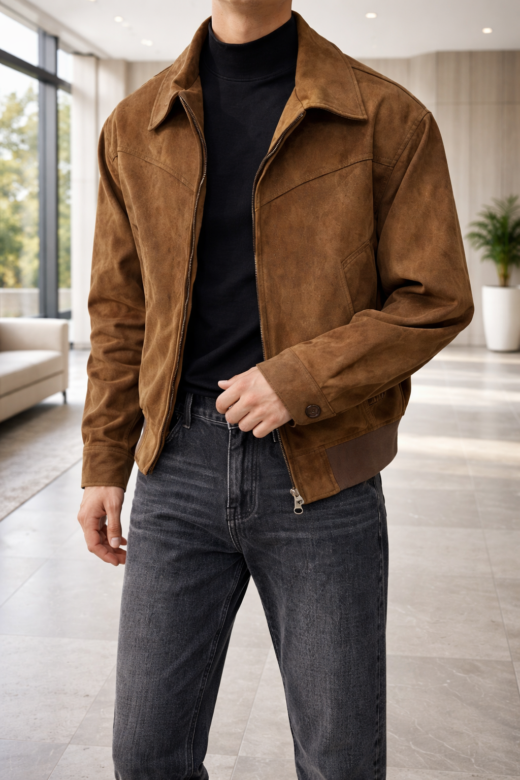 Men's Short Suede Jacket with Panelled Construction – Brown