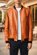 Men's Regular-Fit Leather Bomber Jacket with Zip Pockets – Brown