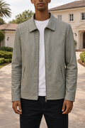 Men's Regular-Fit Leather Jacket with Panelled Seams – Sage Green